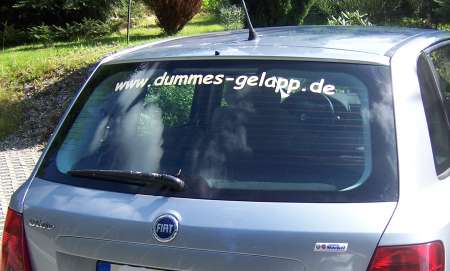 Schriftzug www.dummes-gelapp.de am Auto